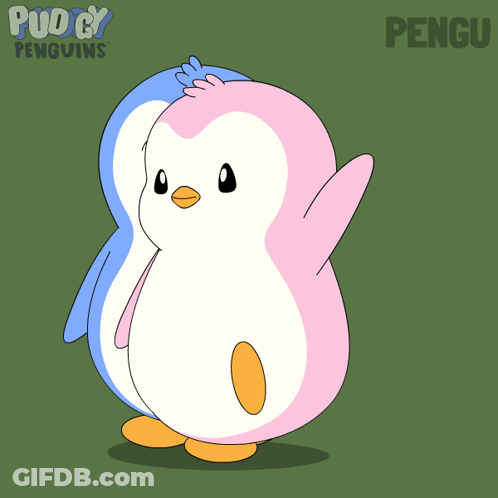 Two Penguins Standing With Word Pengu GIF