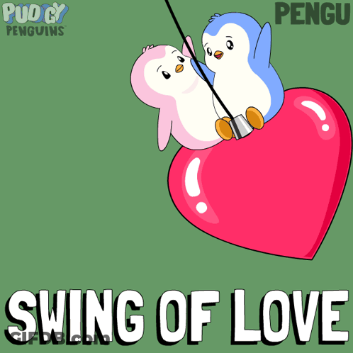 Two Penguins Swinging On A Heart With The Words Swing Of Love Written Below Them GIF