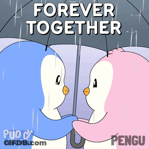 Two Penguins Under Umbrella Forever Together GIF
