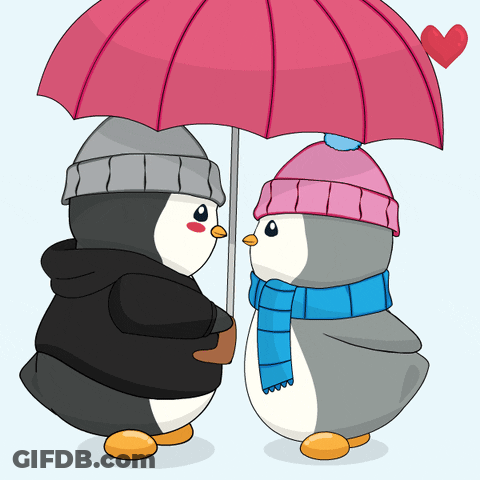 Two Penguins Under Umbrella With Heart GIF