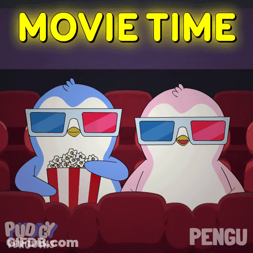 Two Penguins Wearing 3D Glasses Are Sitting In A Movie Theater Eating Popcorn GIF
