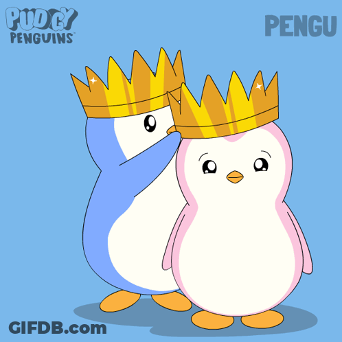 Two Penguins Wearing Crowns Next To Pudgy Penguins Poster GIF