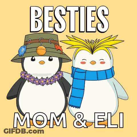 Two Penguins Wearing Hats And Scarves Are Standing Next To Each Other With The Words Besties Mom & Eli Below Them GIF