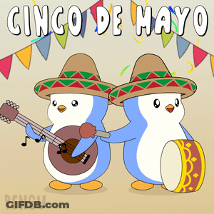 Two Penguins Wearing Sombrero Hats Are Playing Guitar And Drum In A Cinco De Mayo Poster GIF