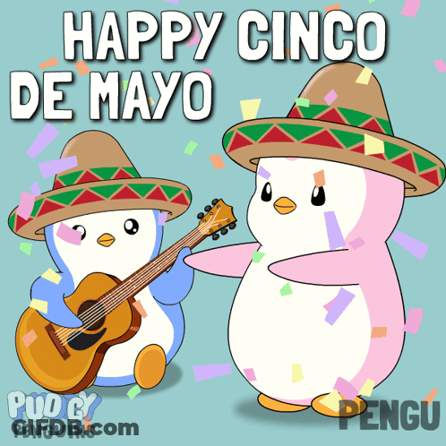 Two Penguins Wearing Sombrero 'S And Playing Guitars With The Words Happy Cinco De Mayo Above Them GIF