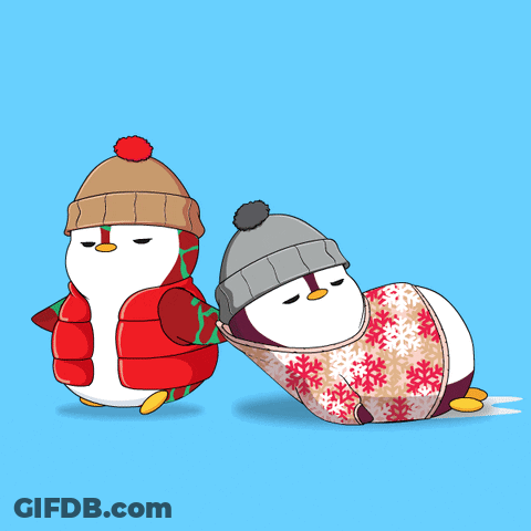 Two Penguins Wearing Sweaters And Hats With Snowflakes GIF