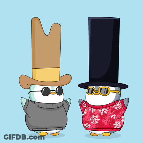 Two Penguins Wearing Top Hats And Sweaters GIF
