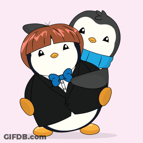 Penguins In Tuxedos Hugging GIF