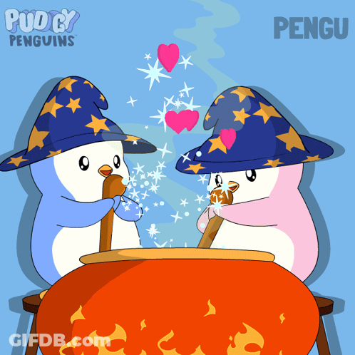 Two Penguins Wearing Wizard Hats Are Cooking In A Cauldron With The Name Pengu On The Bottom Right GIF