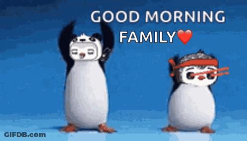 Two Penguins With Arms Up Good Morning GIF