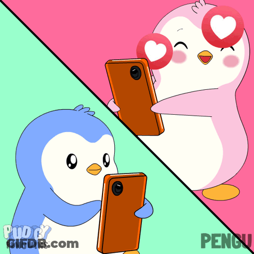 Two Penguins With Hearts Saying Pudgy Penguins GIF