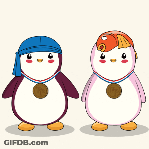 Two Penguins With Medals Around Their Necks With The Letters Rp On Them GIF