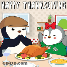 Two Penguins With Turkey And Mashed Potatoes GIF