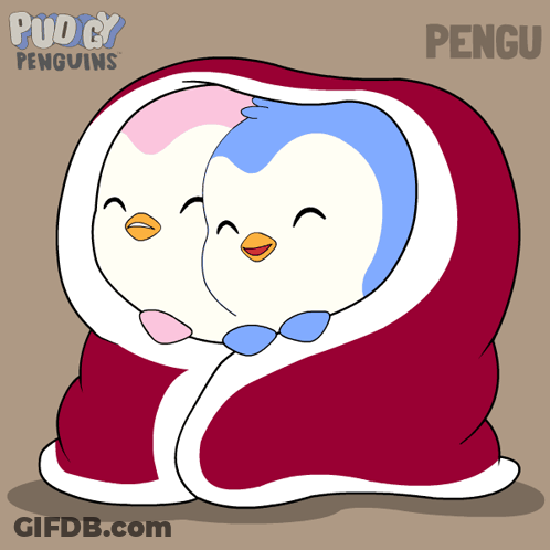 Two Penguins Wrapped In Red Blanket With Word Pengu GIF