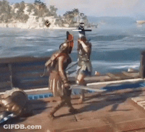 Two People Are Fighting On A Boat In A Video Game GIF