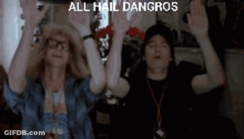 Two People Are Raising Their Hands In The Air With The Words All Hail Dangros Written Above Them GIF
