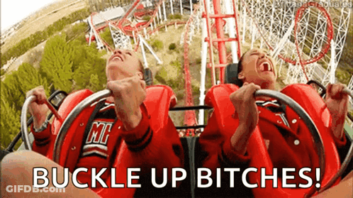 Two People Are Riding A Roller Coaster With The Words Buckle Up Bitches GIF
