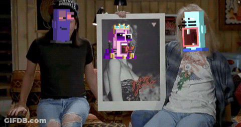 Two People Are Sitting On A Couch Holding A Framed Picture Of A Woman With Pixelated Faces On Their Faces GIF