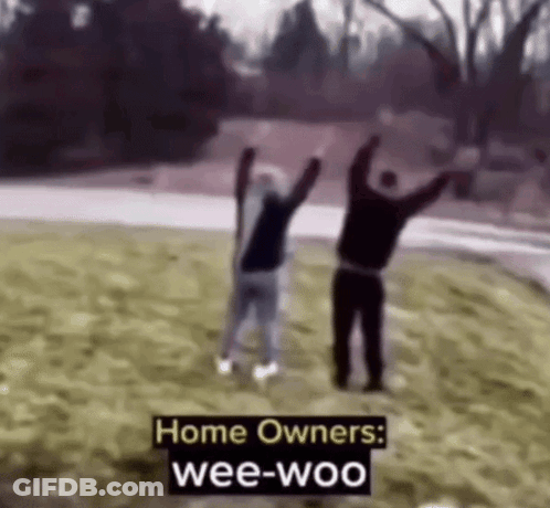 Two People Are Standing In The Grass With Their Arms In The Air And The Words Home Owners : Wee-Woo On The Bottom . GIF