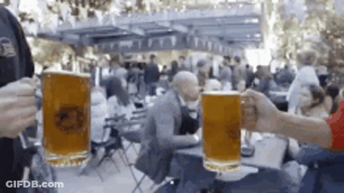 Two People Are Toasting With Beer Mugs At A Restaurant . GIF