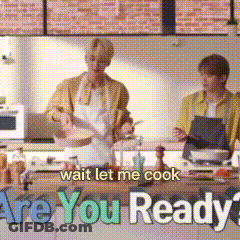 Two People Cooking In A Kitchen With The Words " Wait Let Me Cook Are You Ready " On The Bottom GIF