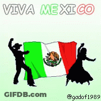 Two People Dancing In Front Of A Mexican Flag With The Words Viva Mexico Above Them GIF