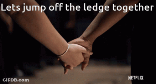 Two People Holding Hands Let Jump Off Ledge GIF