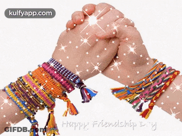 Two People Holding Hands With Bracelets On Their Wrists And The Words Happy Friendship Day On The Bottom GIF