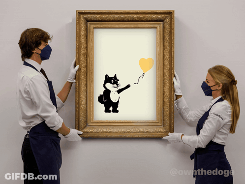Two People Holding Up A Framed Picture Of A Dog Holding A Yellow Balloon GIF