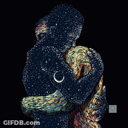 Two People Hugging Under Crescent Moon GIF