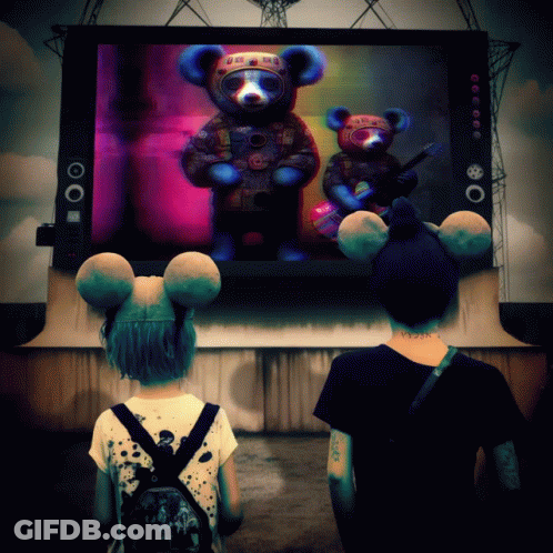 Two People In Mickey Ears Watching TV With Teddy Bears GIF