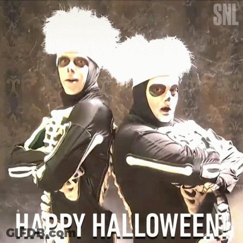 Two People In Skeleton Costumes Back To Back Happy Halloween GIF