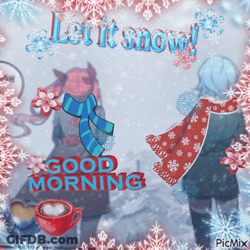 Two People In Snow Saying Let It Snow GIF
