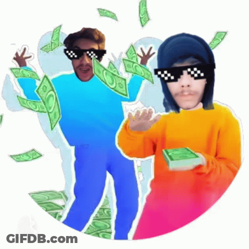 Two People In Sunglasses Standing In Front Of Money Pile GIF