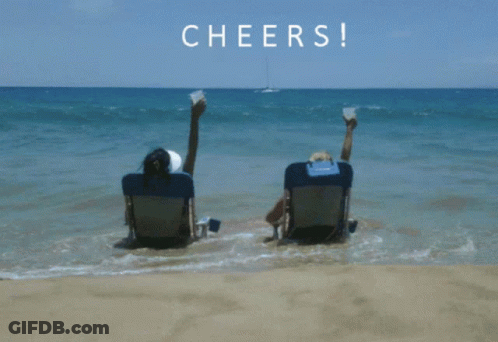 Two People On Beach Feet In Air Cheers GIF
