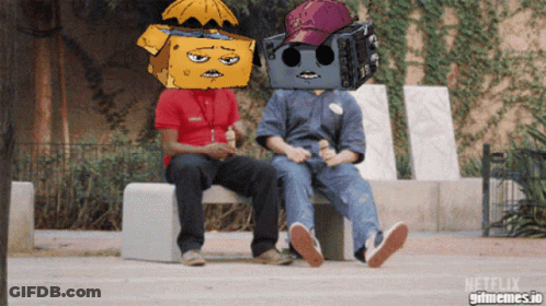 Two People On Bench With Boxes On Heads Netflix Gifmemes.io GIF