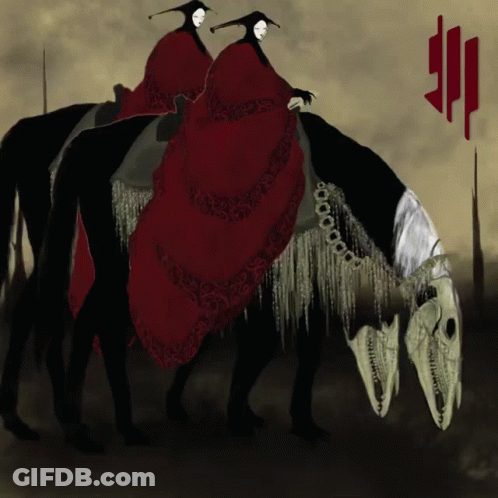 Two People Riding Horses With Skulls GIF
