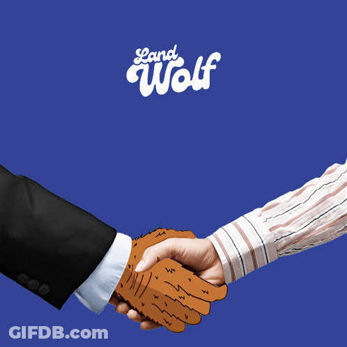 Two People Shaking Hands In Front Of A Blue Background With The Words Land Wolf On It GIF