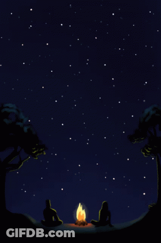 Two People Sit Around A Campfire Under A Starry Sky GIF