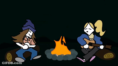 Two People Sitting Around Campfire With Bottle Of Soda GIF