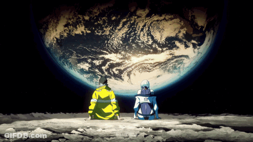 Two People Sitting On Moon Looking At Planet GIF