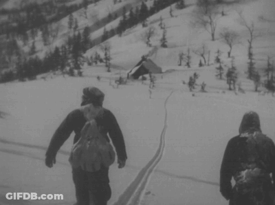 Two People Skiing Down Snow Hill GIF