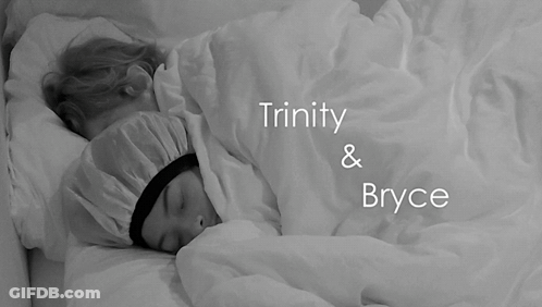 Two People Sleeping Under Blanket Saying Trinity And Bryce GIF