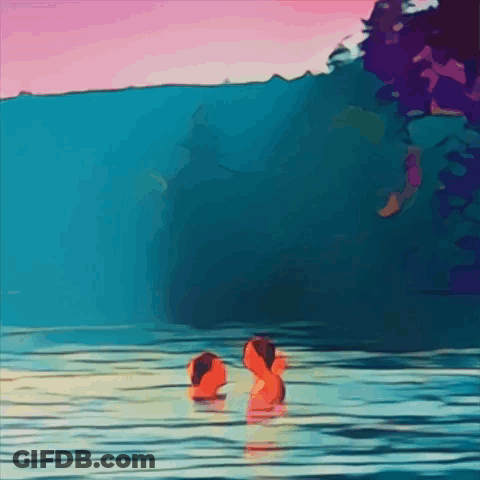Two People Swimming In Lake With Pink Sky GIF