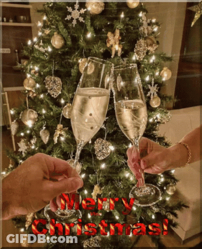 Two People Toasting Champagne In Front Of Christmas Tree Saying Merry Christmas GIF