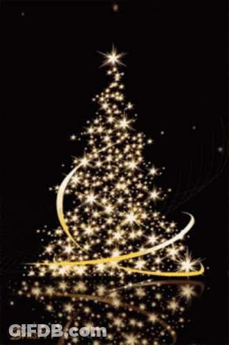 Two People Toasting With Champagne Glasses In Front Of Christmas Tree Saying Merry Christmas GIF