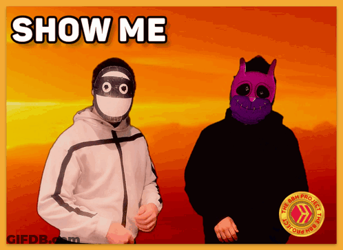 Two People Wearing Masks With The Words Show Me Written Above Them GIF