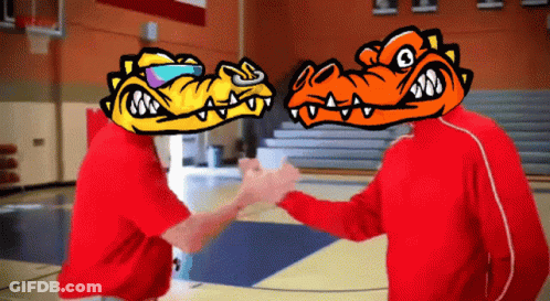 Two People With Cartoon Faces On Their Heads Shake Hands On A Basketball Court GIF