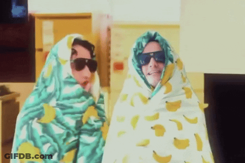 Two People Wrapped In Banana Blanket With Sunglasses GIF