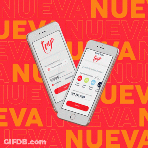 Two Phones On Red Background Saying Nueva GIF